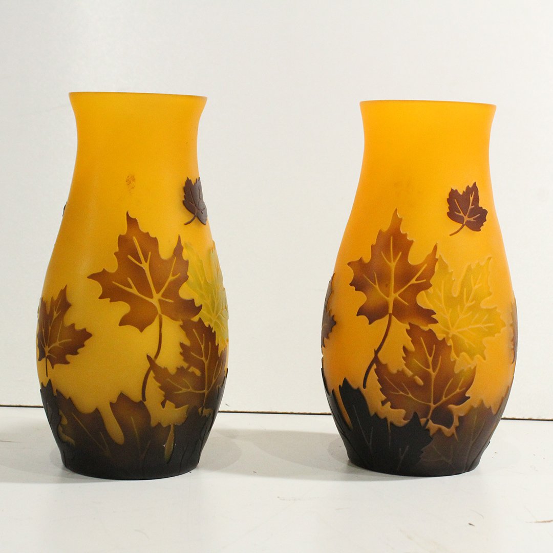 Two [2] Cut Cameo Art Glass Vases, Autumn Leaves, Amber (1 of 3)
