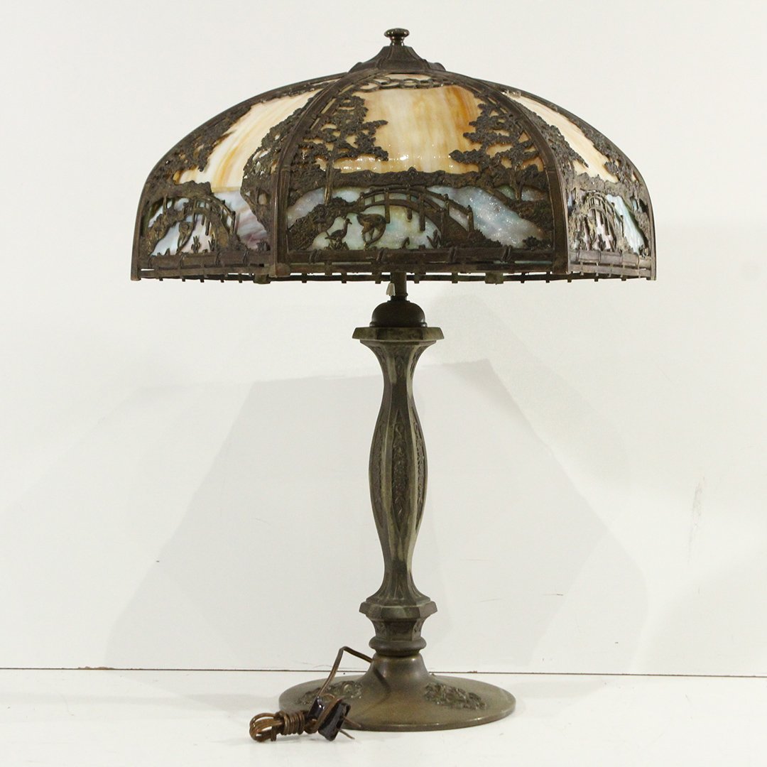 Circa 1920 Quality Scenic Slag Glass Shade Panel Lamp (1 of 14)
