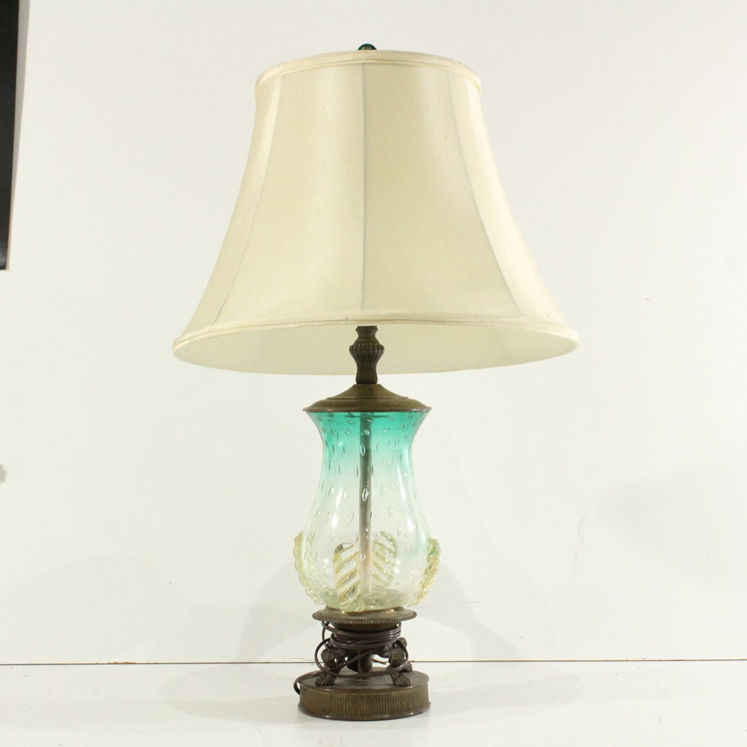 Murano Gold Fleck Lamp Silk Shade Italy: Murano Gold Fleck Lamp Silk Shade Italy. clear to turquoise with controlled bubbles and gold fleck decorated leafs. Size: 31 max h , 21 socket height, shade width 18 ,