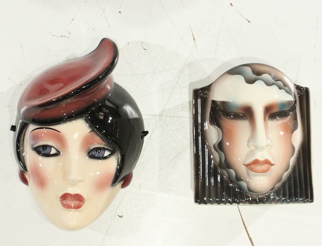 Two [2] Art Moderne Woman Face Vase & Wall Hanging: Two [2] Art Moderne Woman Face Vase & Wall Hanging. Sizes range fron 6.75 in. height to 9.5 in. height.