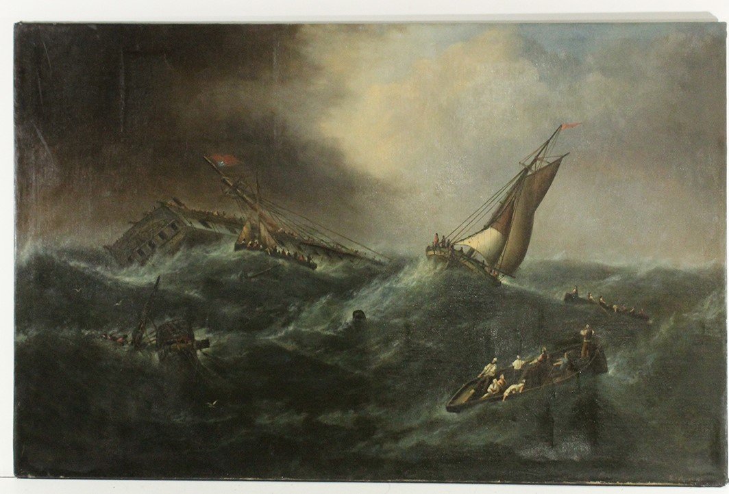 Thomas Birch, 19th. Large Oil/c Ocean Scene Shipwreck: Thomas Birch, American 1779-1851, Early 19th C. Oil on canvas, Ocean Scene shipwreck. Signed and dated. Shows old repairs. Size: 36 in. x 56 in.