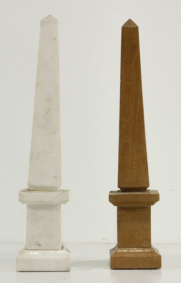 Two [2] Obelisks in Marble, White, Brown: Two [2] Obelisks in Marble, white, brown.Size: 16 in. height, 3.5 wide at base.