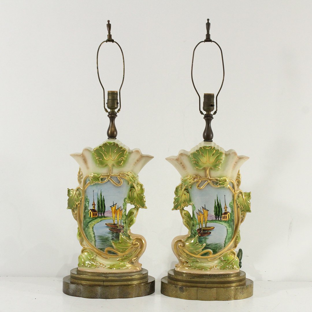 Two Capodimonte Vase Lamp Hand Painted porcelain Signed: Two Capodimonte Vase Lamp Hand Painted porcelain Signed by artist. Scenes with ships. Size: 34 h , 11 w