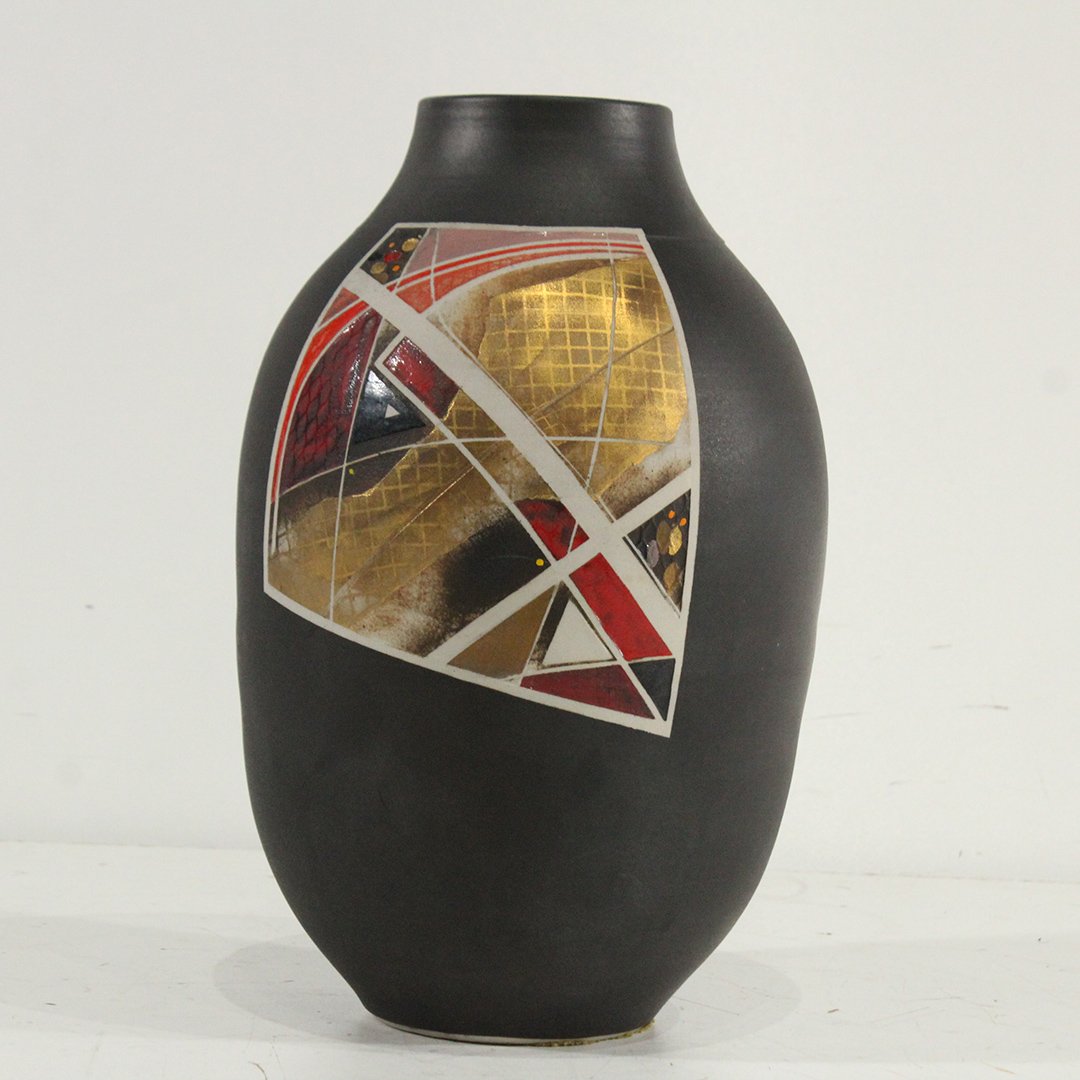 Mid-Century Modern Studio Pottery Vase: Mid-Century Modern Studio Pottery Vase , Shockingly heavy in weight, gold fleck and modern abstract design on front. Size: 13 h , 7.5 w