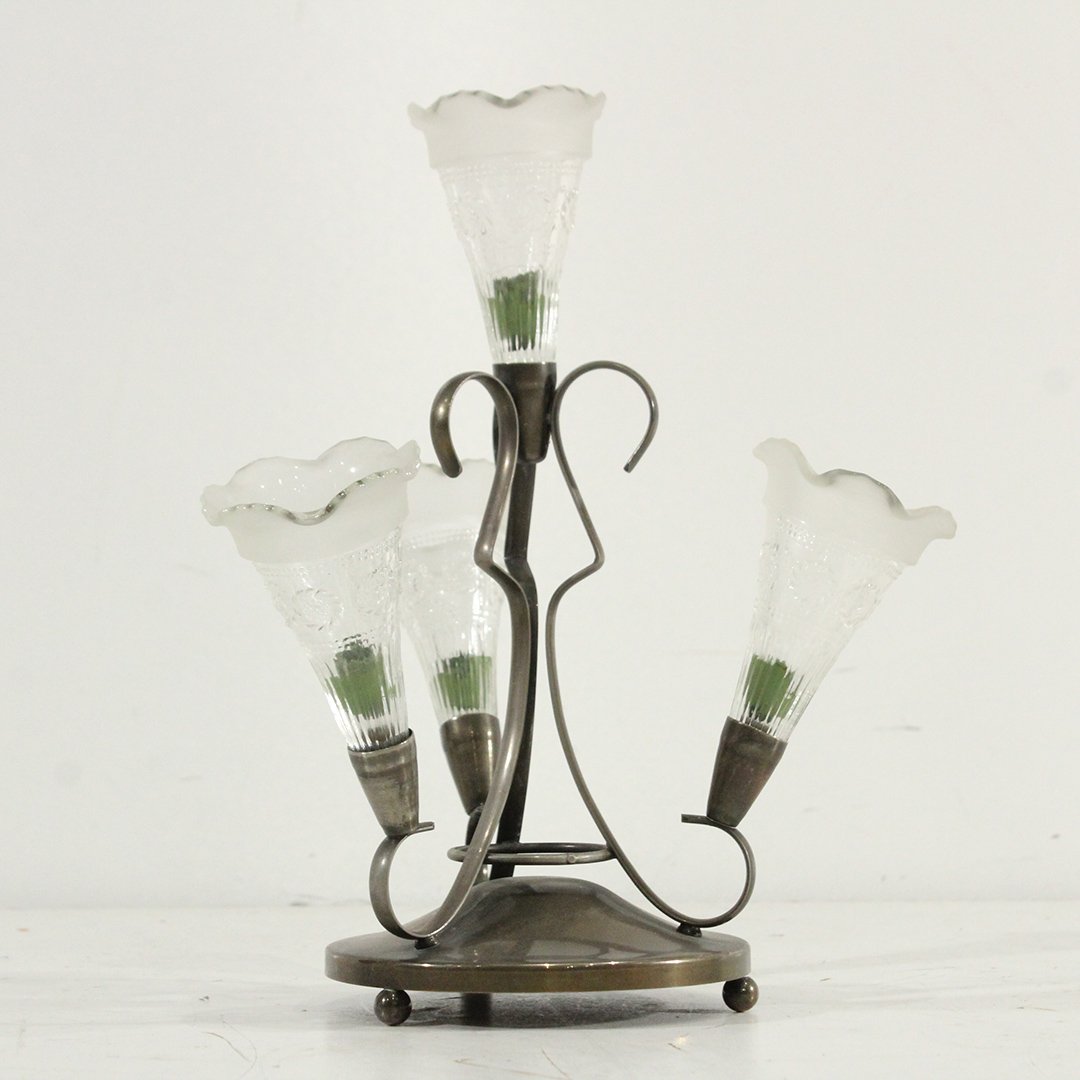 19th C. Epergne, 4-Stem, Brass Frame, Glass Satin Ends: 19th. C. Epergne, 4-Stem. Brass Frame, Glass Satin Ends. Size: 11 in. height, 9 in. wide.