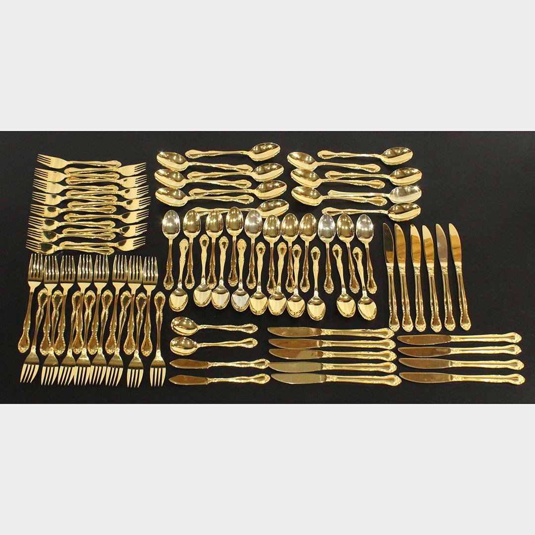 81 Pieces Gold Plated Flatware Japan Stainless: 81 Pieces Gold Plated Flatware marked Japan Stainless. 16 large forks, 15 medium forks, 14 large spoons, 21 medium spoons, 15 knives.
