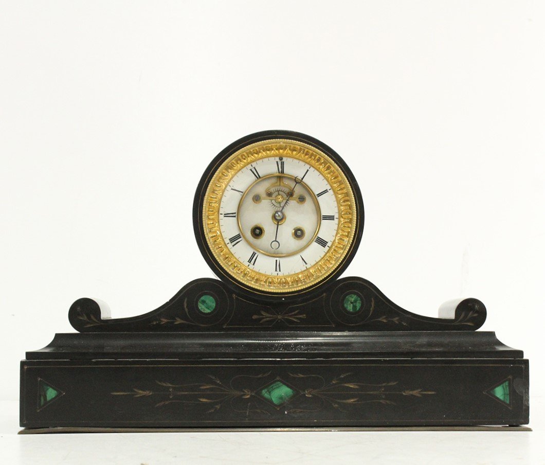 Antique Black Marble Clock, Green Malachite Accents: Antique Black Marble Mantle Clock with Green Malachite Accents. Open escapement dial. Size: 10.5 in. height, 18.5 in. length