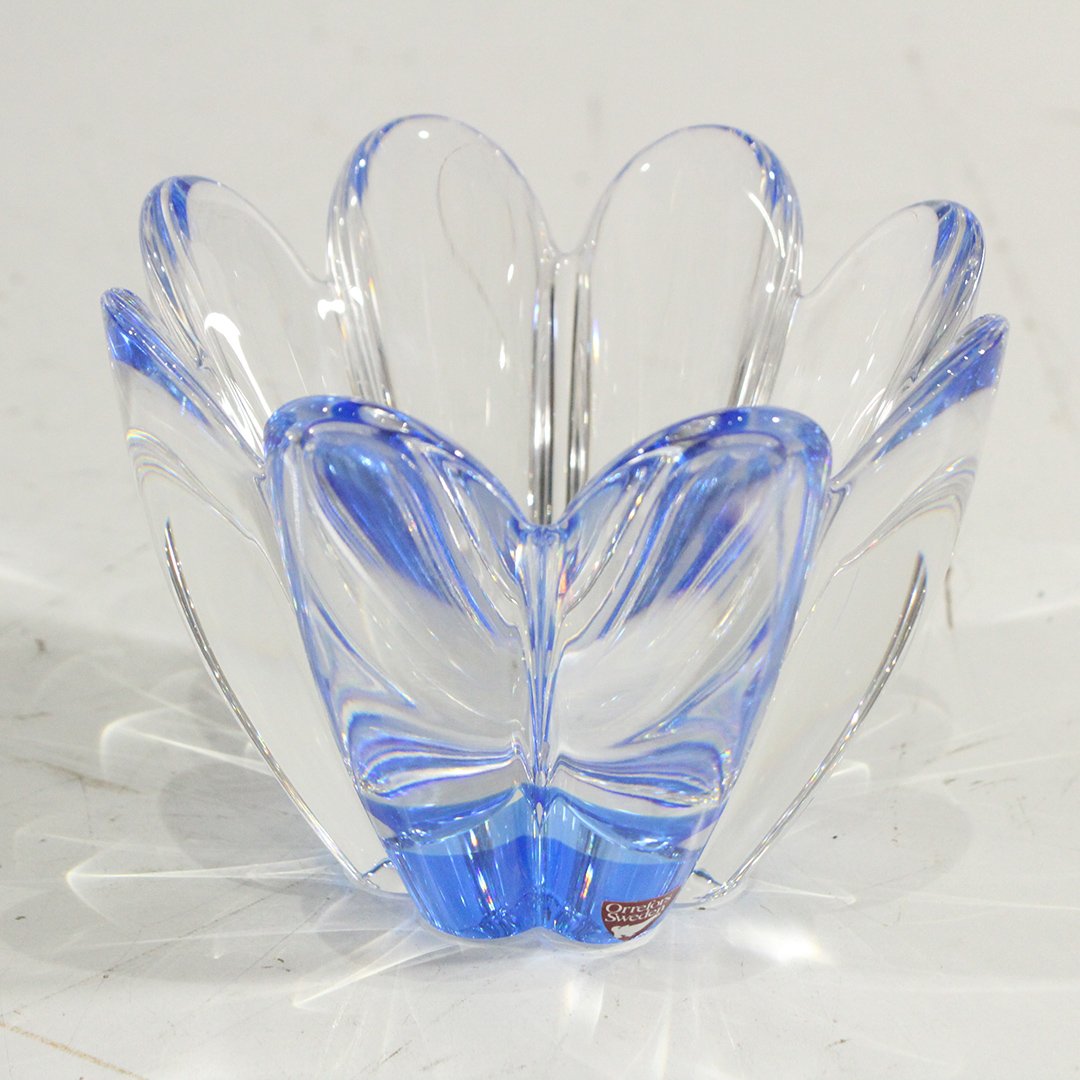 Orrefors Sweden Blue and Clear Crystal Glass Bowl: Orrefors Sweden Blue and Clear Crystal Glass Bowl, original label. Size: 4 in. height, 5 in. wide.