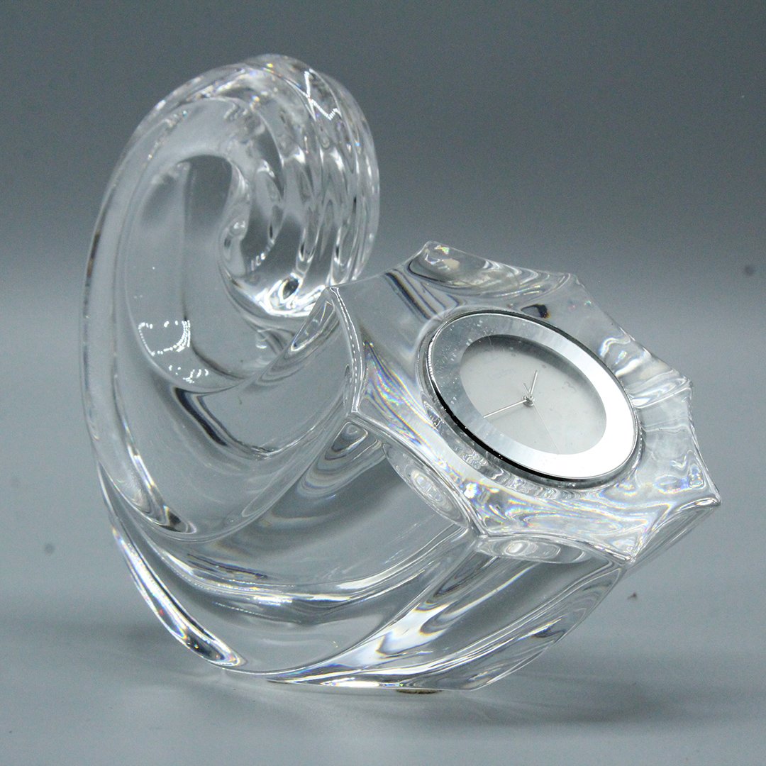Unique Orrefors Glass Cornucopia Table Top Clock Signed: Unique Orrefors Glass Cornucopia Table Top Clock. Signed on base, original label, marked Orrefors on clock dial. Size: 4.5 in. height, 5.5 in. length; 2.75 in. wide.