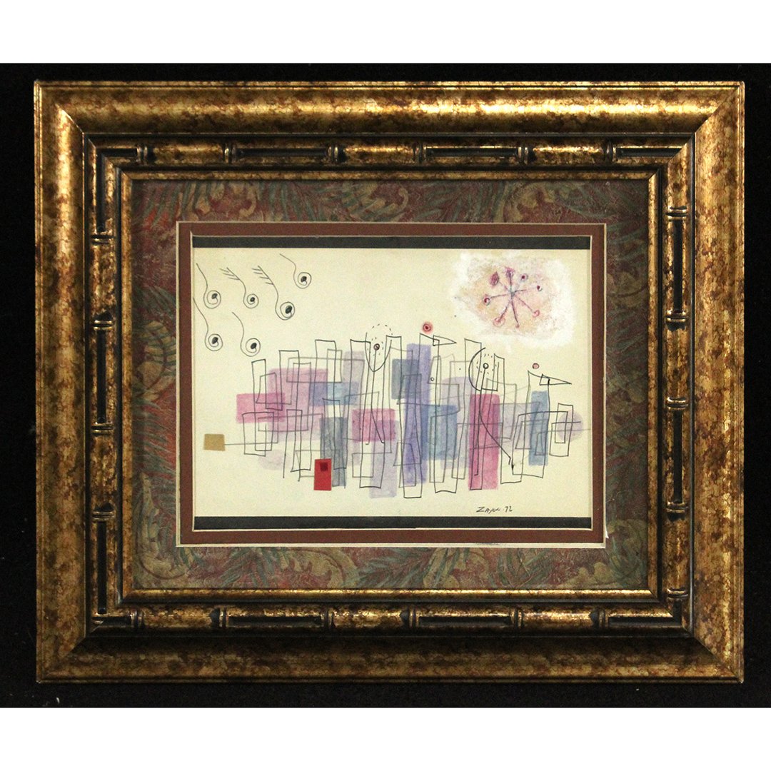 Seymour Zayon Mid-Century Modern Abstract Painting 1972: SEymour Zayon Mid-Century Modern Abstract Ink & Watercolor painting. Signed on front and dated 1972; Titled on back: Invaders From The North. Well listed American artist. Size: image 6 in. x 9 in.; ou