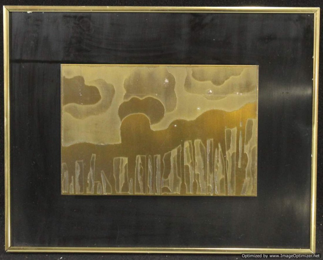Levinson Signed Brass Abstract Sculptured Plaque Framed: Levinson, Signed Brass Abstract Landscape Sculptured Plaque, Framed.Signed on front and also on back. Size: outer 15 in. x 19 in.