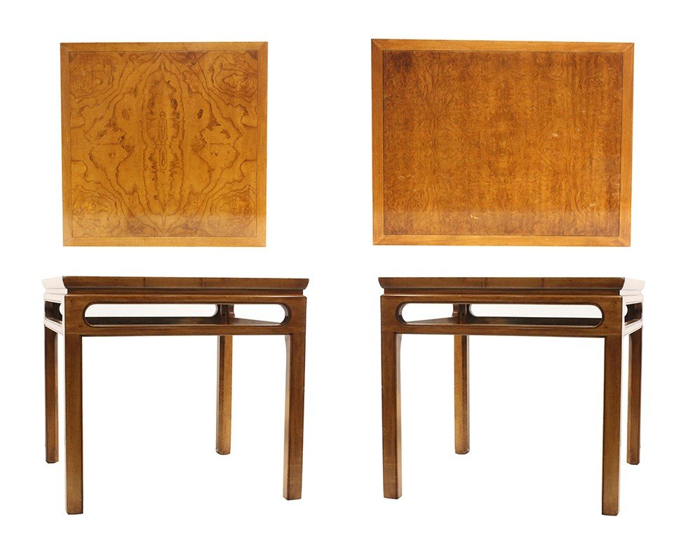 Two [2] Baker Furniture Walnut Occasional End Stands: Two [2] Baker Furniture Walnut Occasional End Stands. Marked with Baker tag on underside. Size: 24 in. height, 26 in. x 26 in,; and 24 in. height, 26 in. x 24 in.
