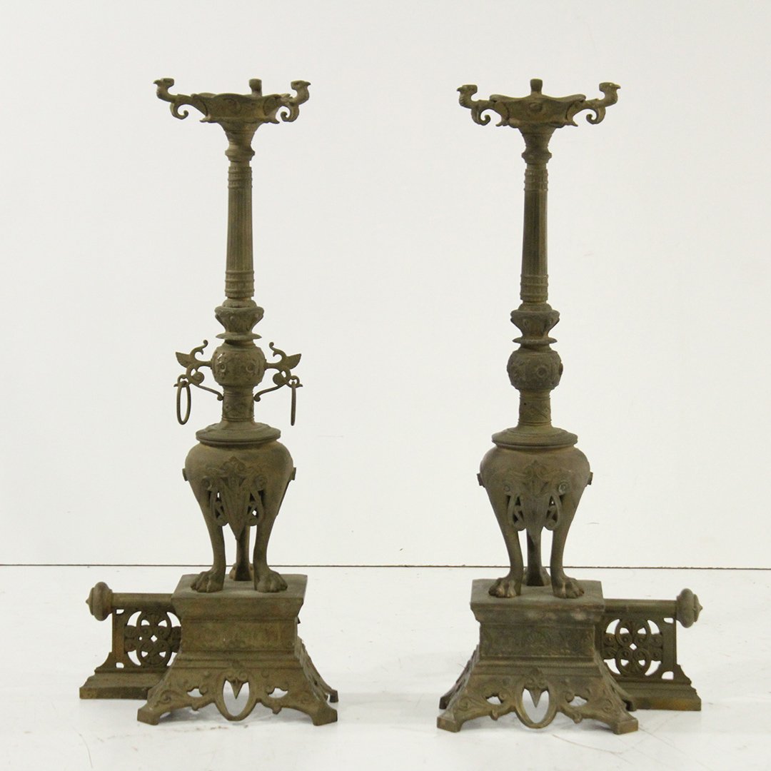 Pair of Antique Brass Renaissance Revival Andirons: Pair of Antique Brass Renaissance Revival Andirons. As found condition. Size: 21 h , 8 w