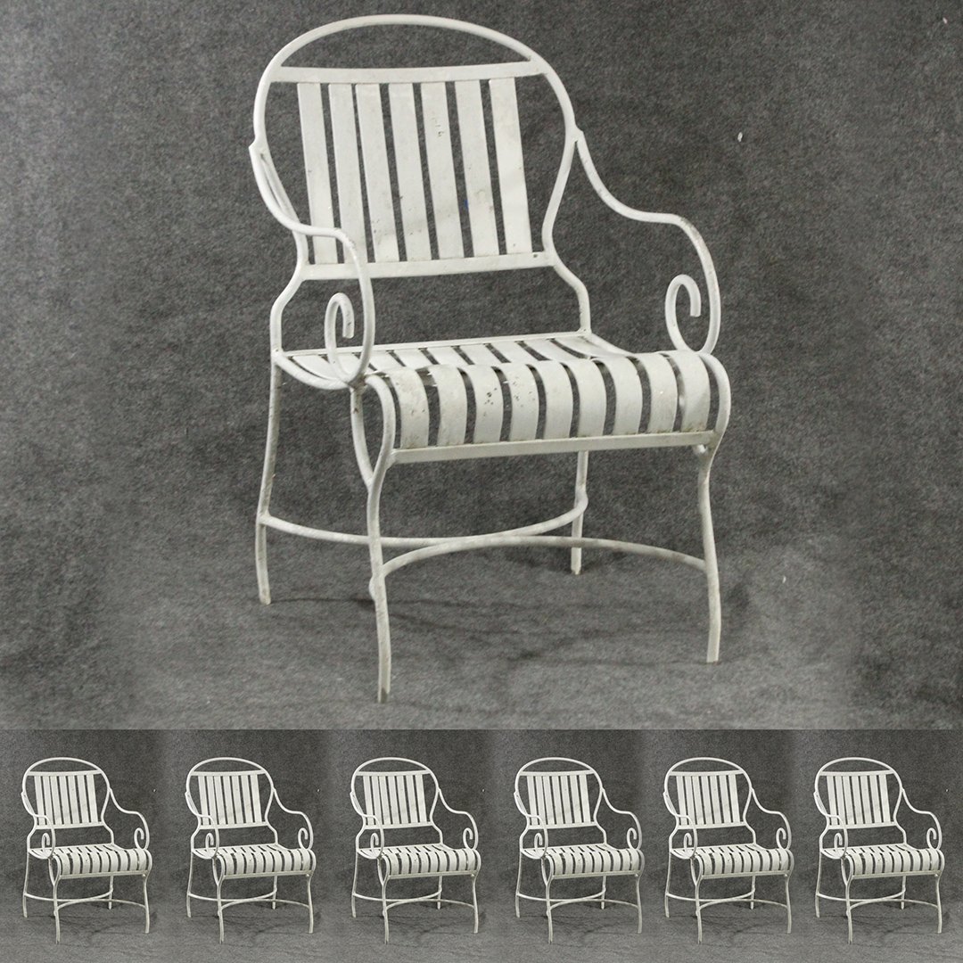 Six [6] French Iron Outdoor Patio Chairs Spring Seats: Six [6] French Metal Iron Outdoor Patio Chairs Spring Seats. Size: 35 h , 22 w.