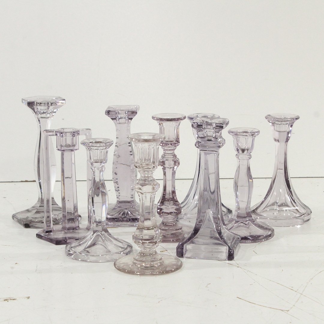 10x alexandrite depression glass candle sticks: alexandrite depression glass candle sticks in purple / alexandrite Size: range in height 6.5 - 7.5