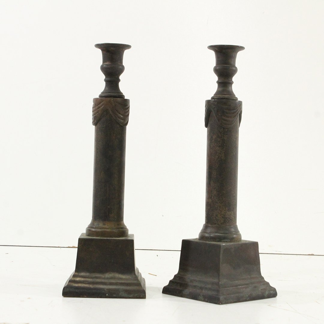 Antique Cast Metal Renaissance Candle Sticks Column: Antique Cast Metal Renaissance Candle Sticks Column Size: 12 h