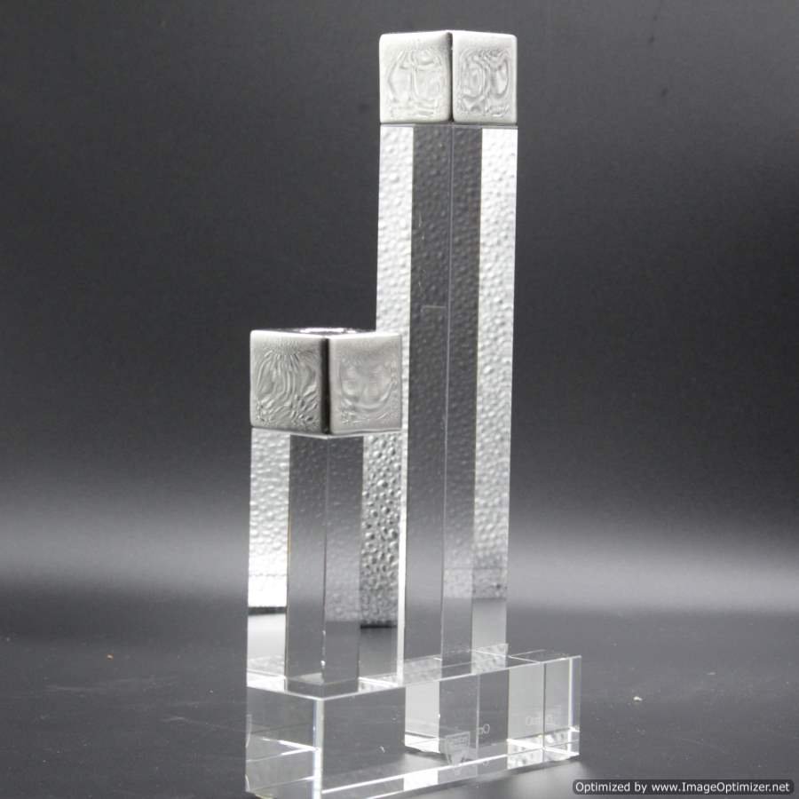 Orrefors Sweden Skyscraper Two Towers Glass Candelabra: Orrefors Sweden Skyscraper Two Towers Glass Candelabra, Signed and label. Unique item. Mid-Century Modern. Size: 10 in. height, 5.5 in. wide.