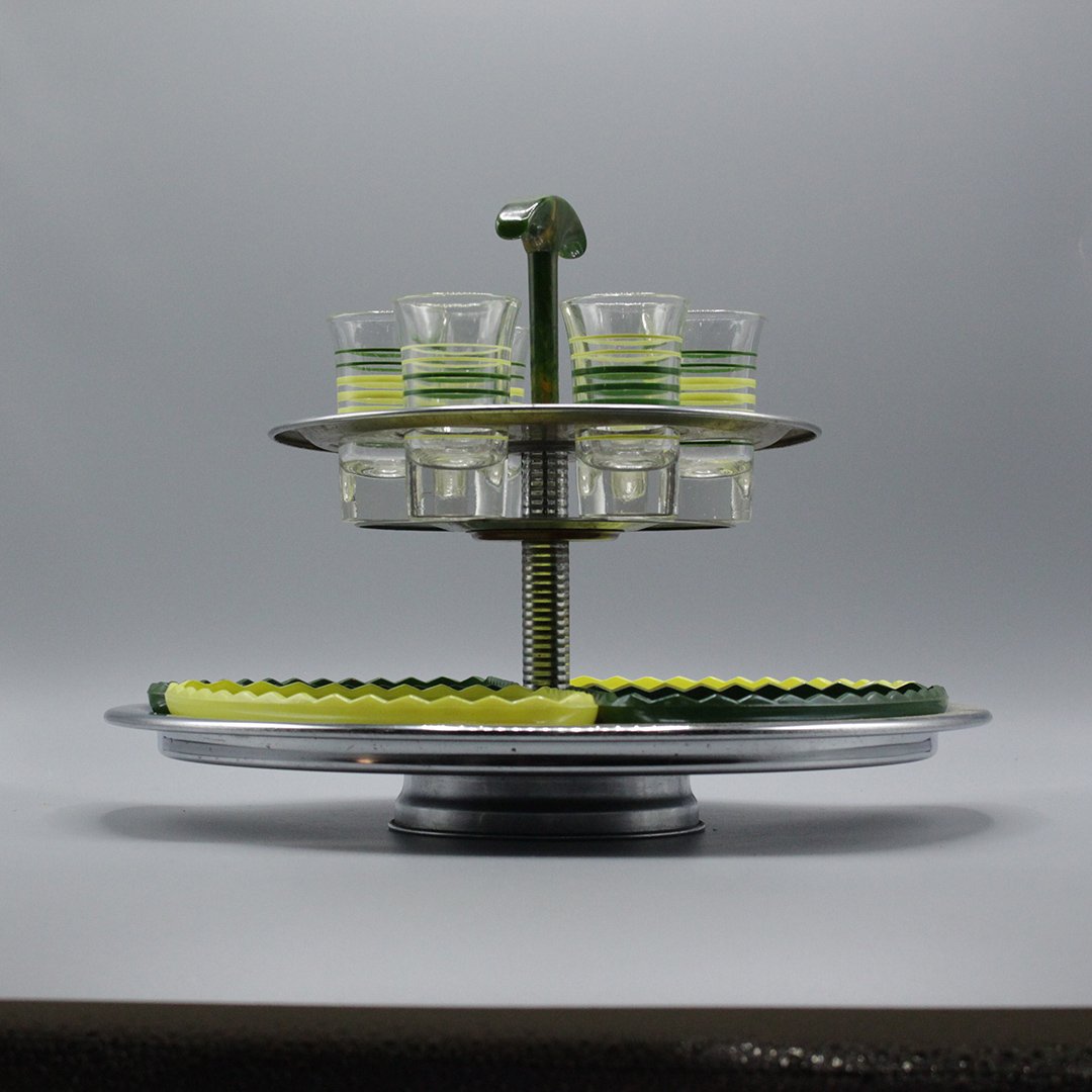 Lazy Susan Mid-century Modern Shot glass condiments: Lazy Susan Mid-century Modern Shot glass condiments party sampler in mid-century olive green. Size: 9 h , 12 w