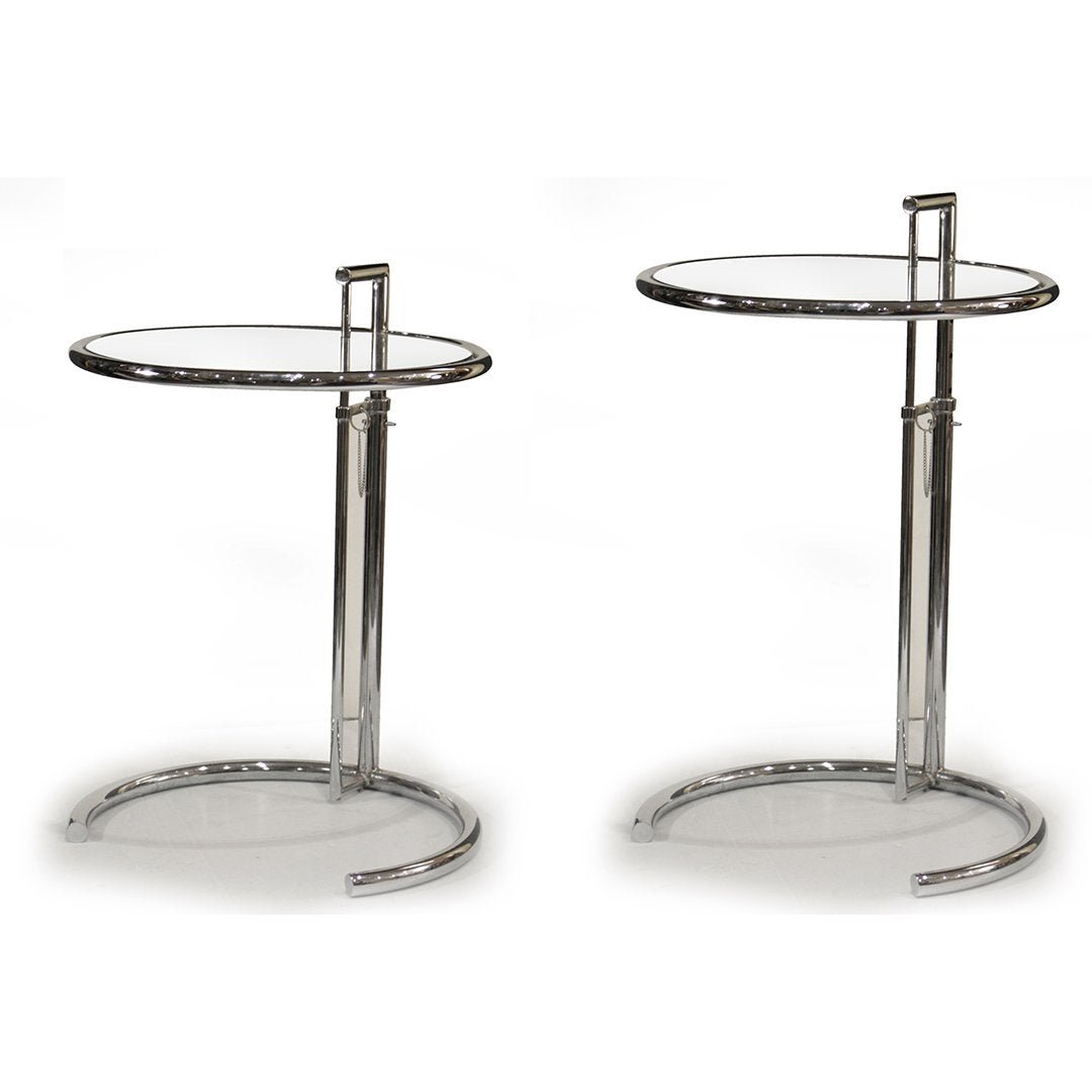 Two [2] Eileen Gray Chrome & Glass Circular Stands: Two [2] Eileen Gray Chrome & Glass Circular Stands, adjustable, clean. Size: 31 h , 18 glass and 21 inch chrome