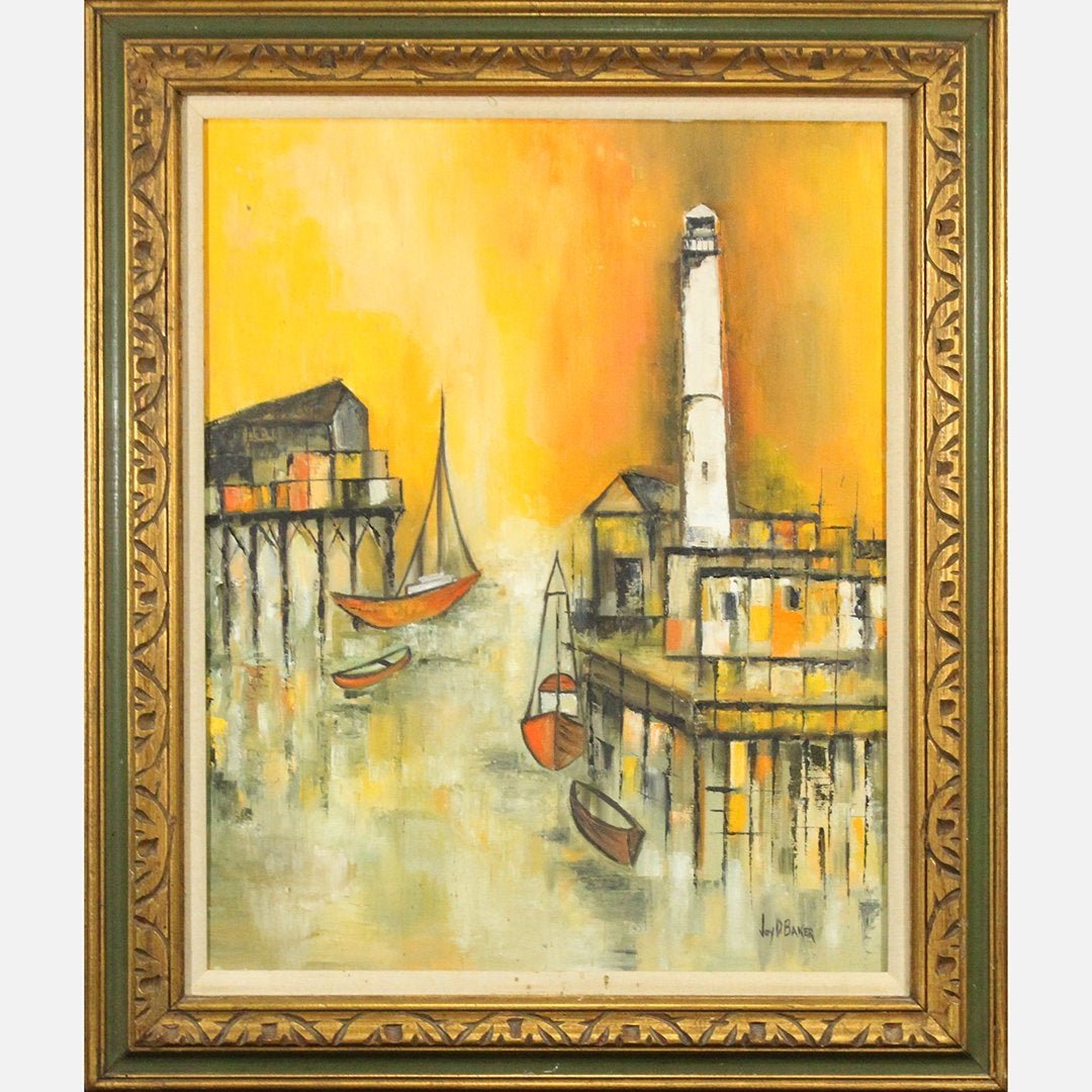 Joy D Baker, Mid-Century Modern Boats at Fishing Piers.: Joy D Baker, Mid-Century Modern Boats at Fishing Piers. Oil on canvas painting, Signed, original frame. Size: image 30 in. x 24 in.; outer frame 38 in. x 32 in.