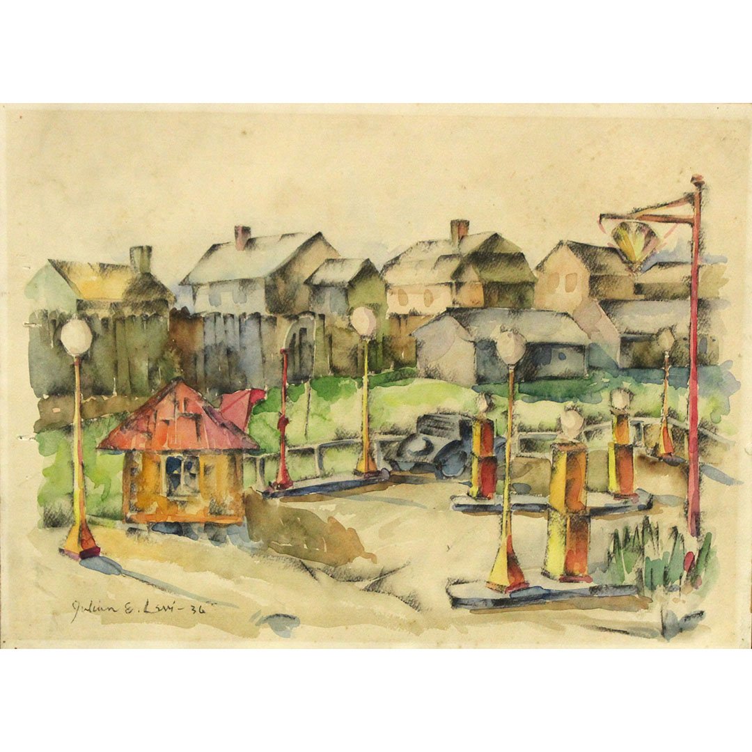 Julian E Levi Watercolor Street Scene " Gas Station " (1 of 10)