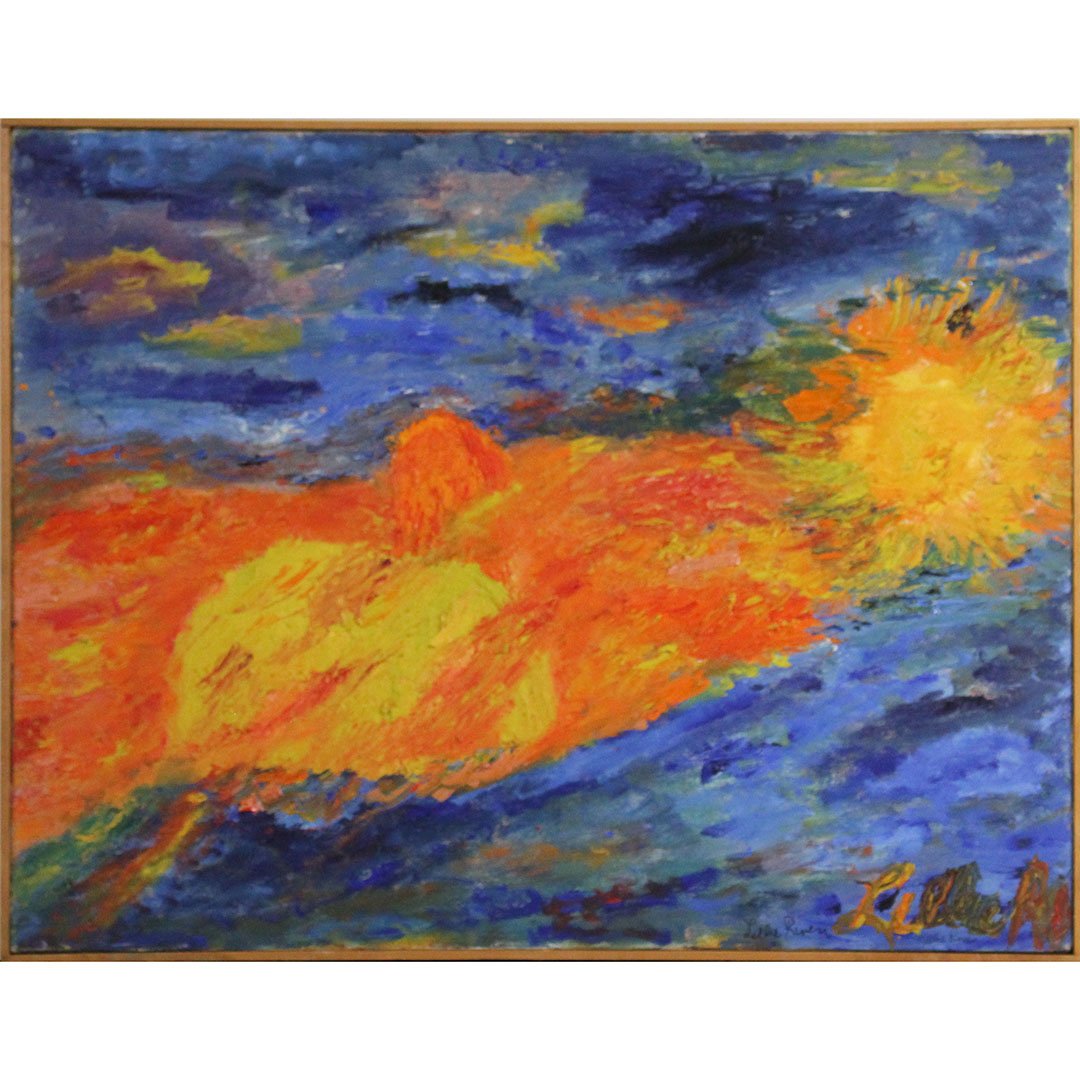 Lillie Riven [Lillie Wechsler] Oil/c Volcanic Eruption: Lillie Riven [Lillie Wechsler] Oil/c Fire Eruption Volcanic, Oil on canvas painting, signed both front and back. Framed. ; 22 x 28 inches image, 22 1/2 x 28 1/2 inches outside frame