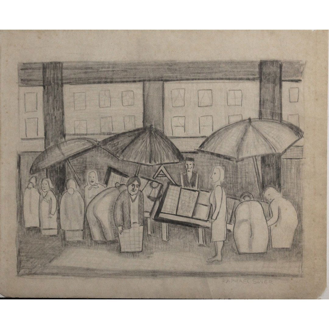 RAPHAEL SOYER 1899-1987, Pencil Drawing Outdoor Market (1 of 6)