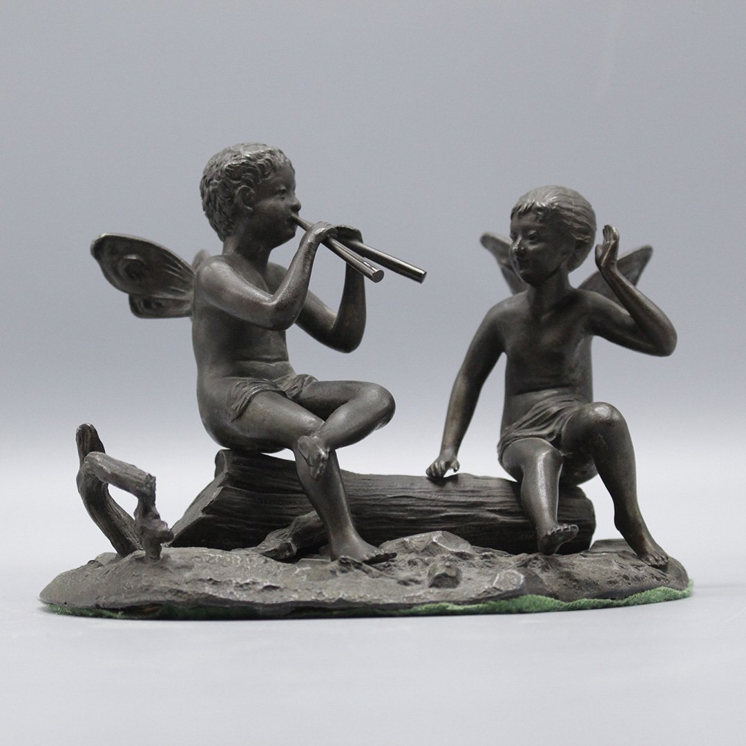19th C. Bronze Grouping Two Fairies Sitting on Log (1 of 6)