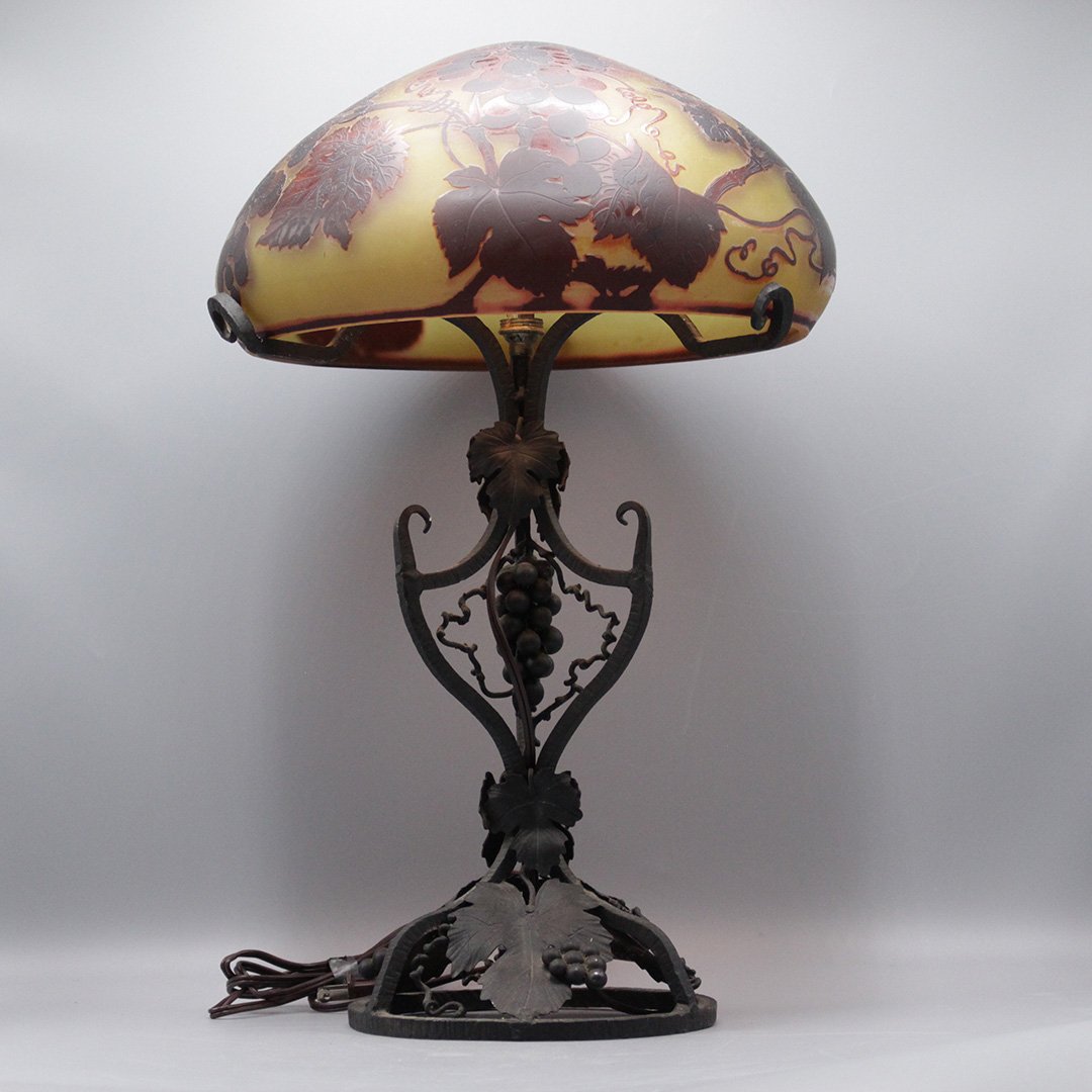 Galle Cameo Art Glass Lamp Edgar Brandt Style Iron Base (1 of 7)