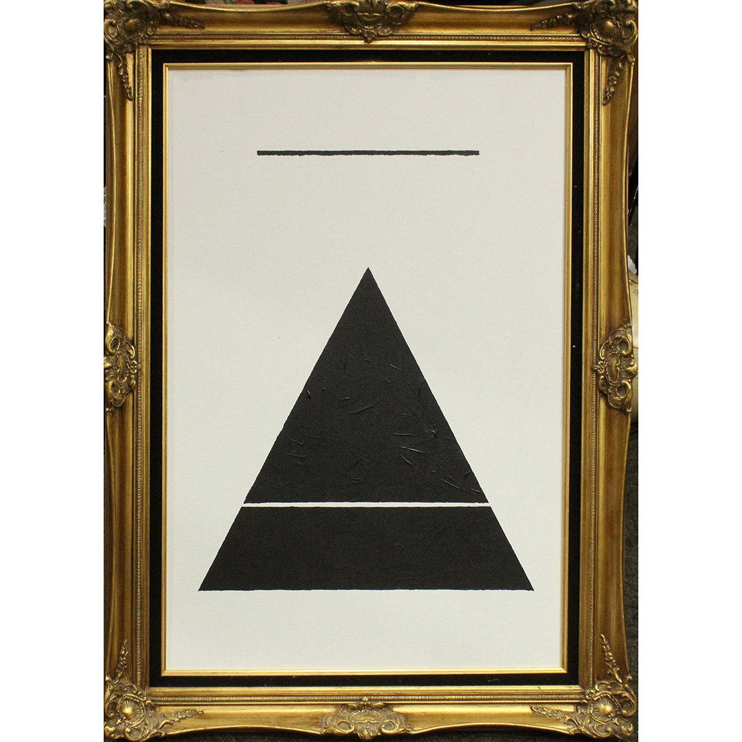 D-3, Modernism Design Black Pyramid with Line Oil/C: D-3, Modernism Design Black Pyramid with Line Oil/C. Oil on canvas painting. Signed on back D-3 and dated Astronomical. Nice quality. American Artist, New York. Size: 36 x 24 , outside of frame: 43 x 