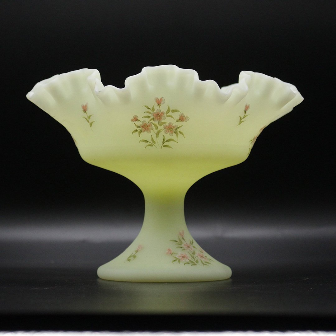 Fenton Artist Signed Yellow Fluted Floral Glass Compote (1 of 8)