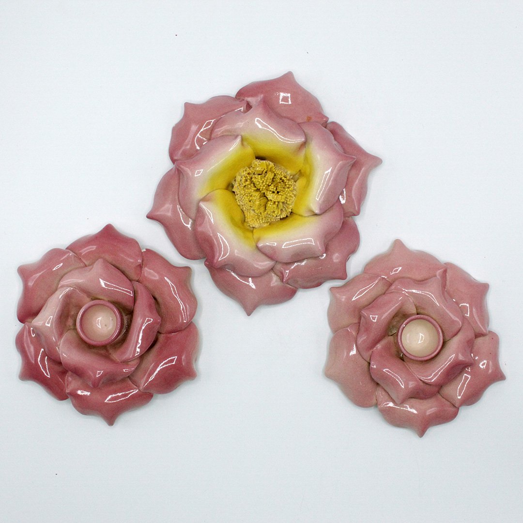 3-Piece Set Ceramic Glazed Pink Flowers Candlesticks (1 of 10)