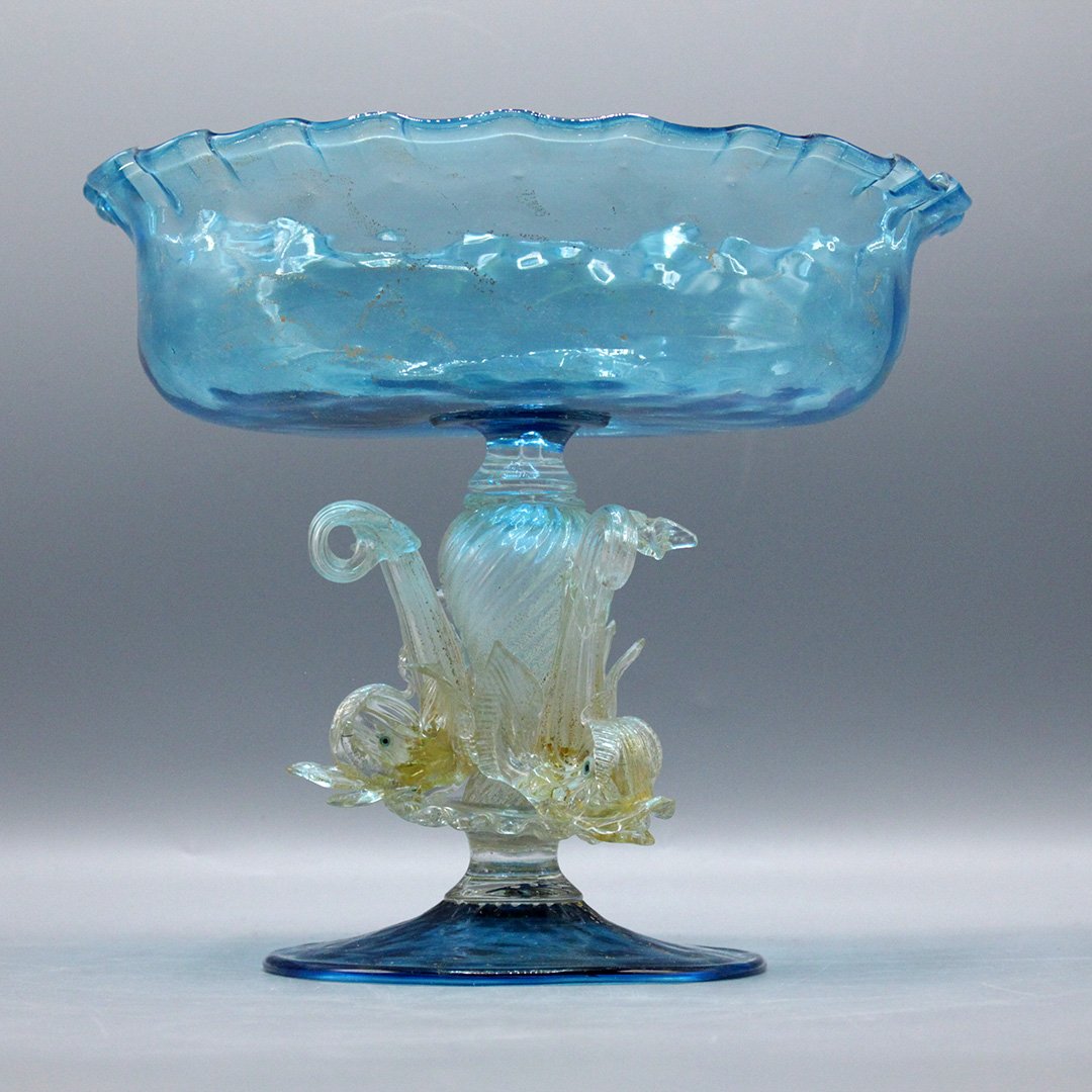 Venetian Murano Serpent Pedestal Bowl: Venetian Murano Serpent Pedestal Bowl in blue with multi colored serpents on stem. 9 h , 10 w ,
