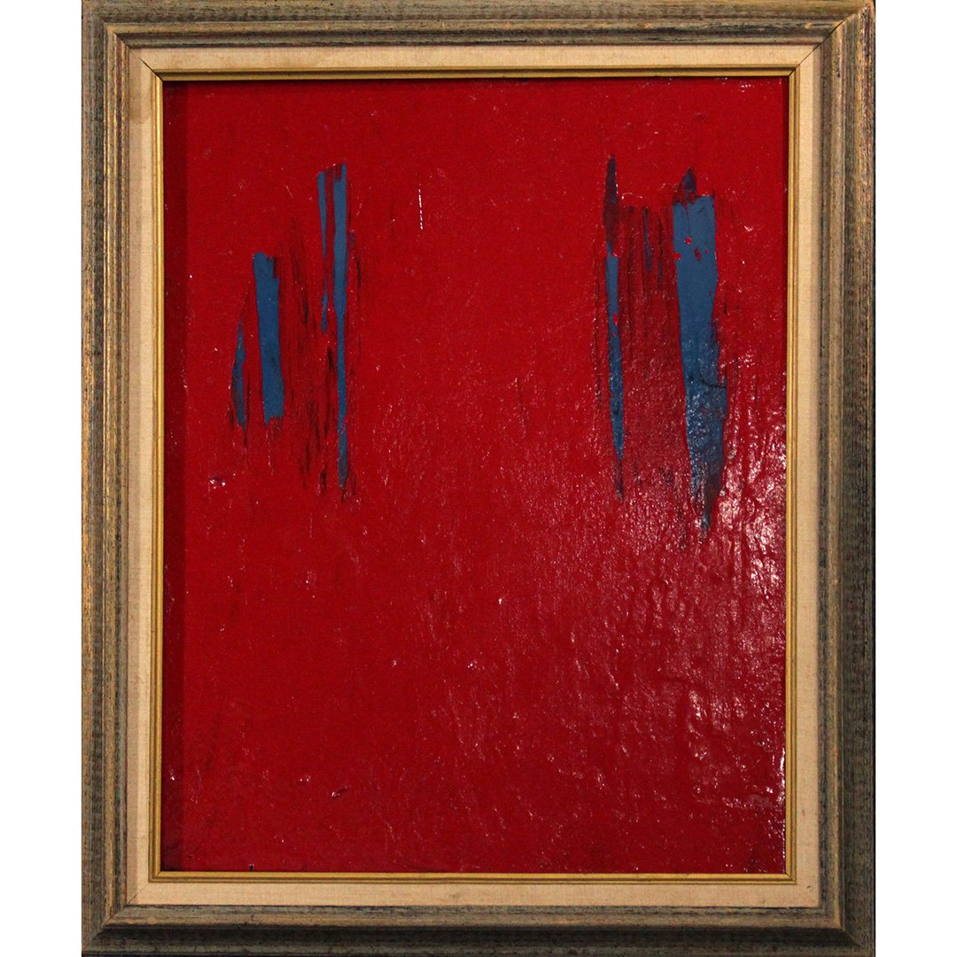 Mid-Century Modern Oil Painting Blue on Red (1 of 6)