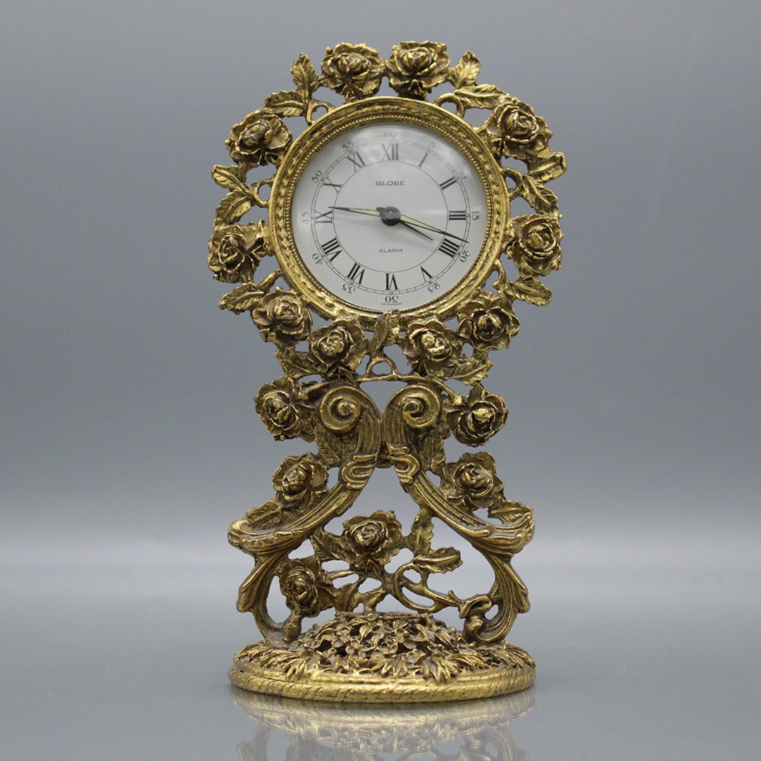 Ornate Cast Brass Roses Dresser Top Clock by Global: Ornate Cast Brass Roses Dresser Top Clock by Global. Size: 7 x 4 inches