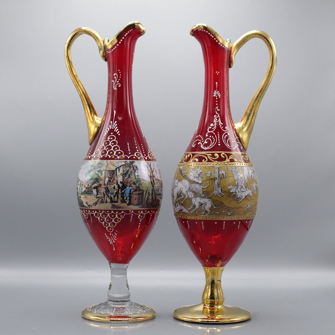 Two [2] Italian Glass Red Glass Decorated Ewers Scenic (1 of 15)