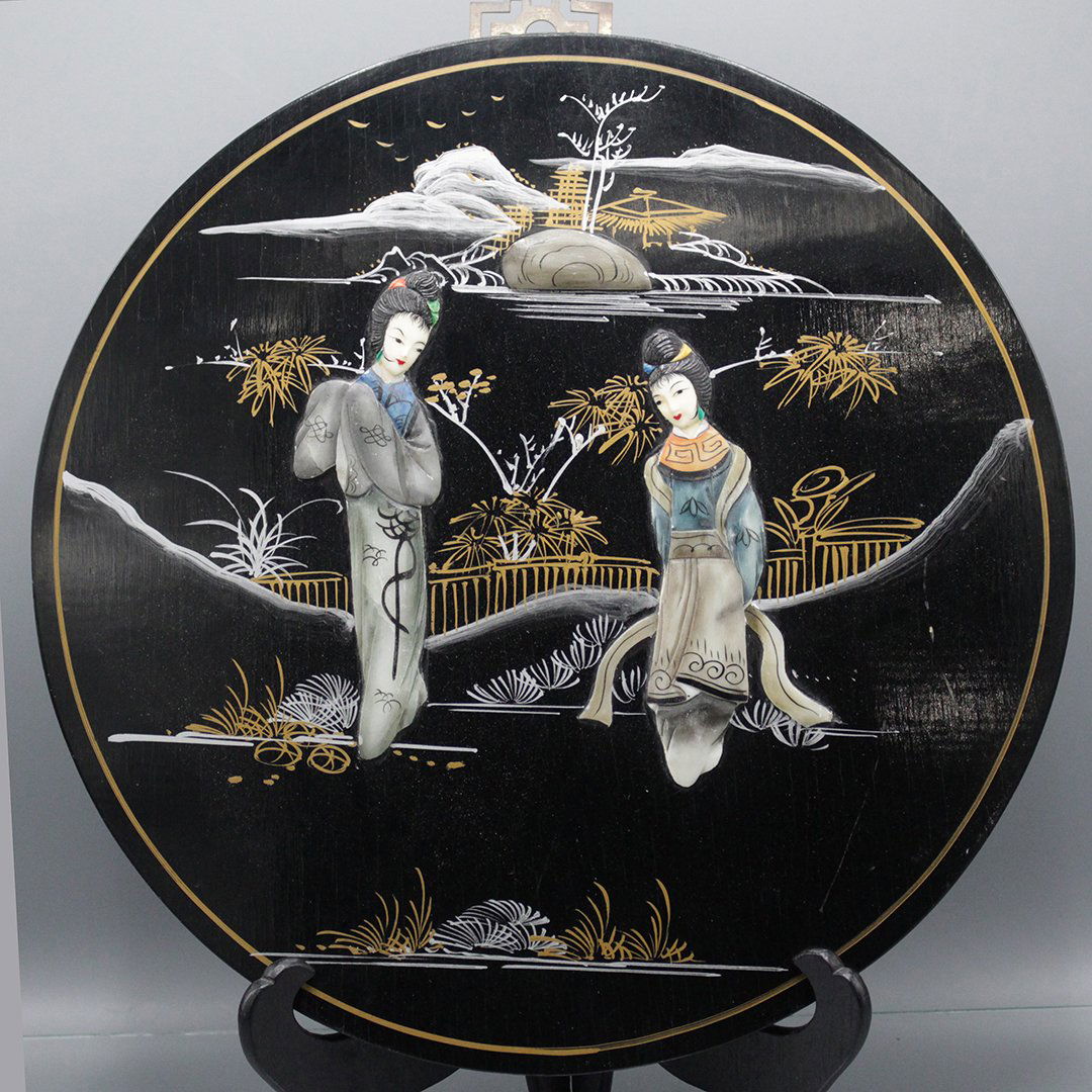 20th C Chinese Round Wall Plaque Hardstone Figures (1 of 6)