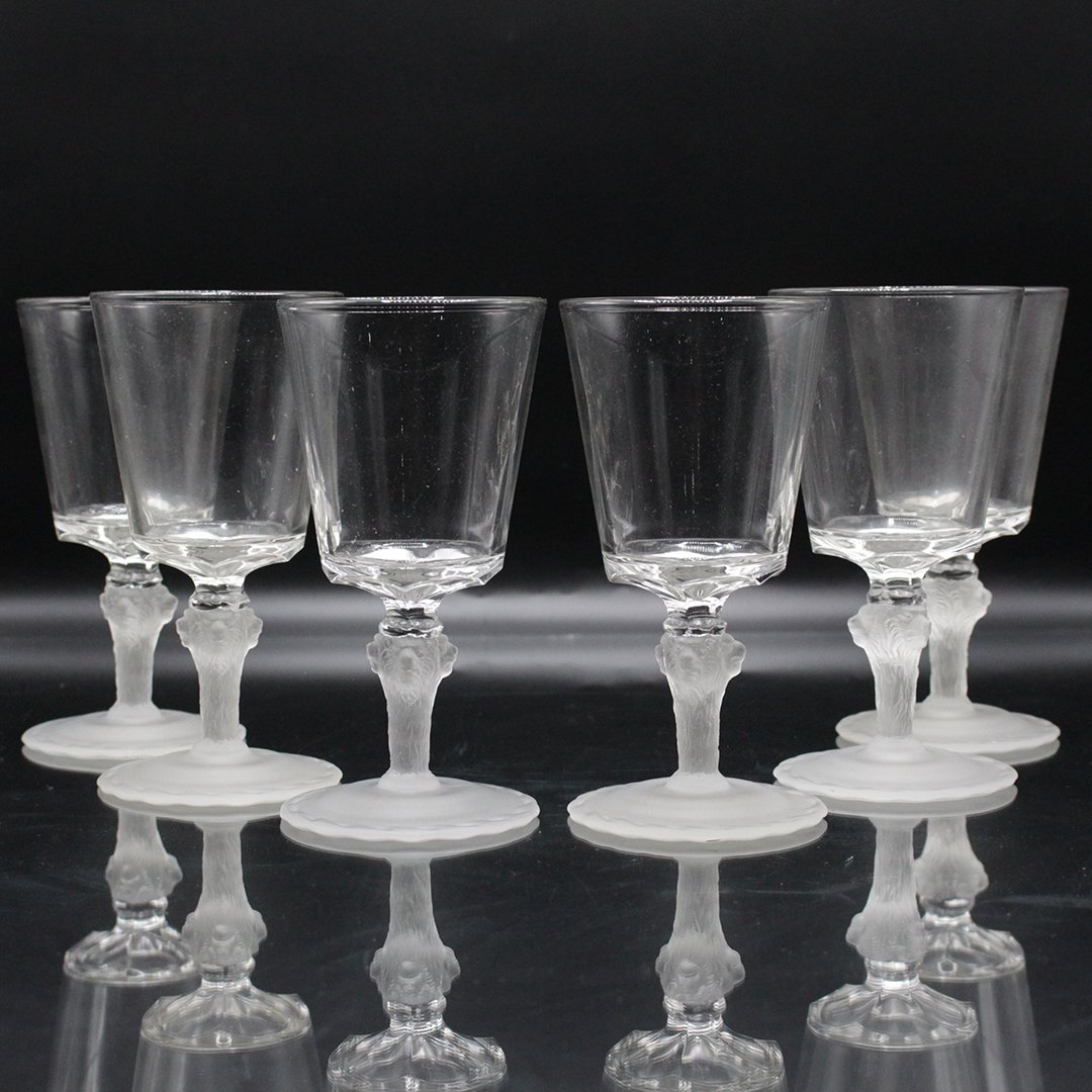 Six Elegant Glass Wine Glasses Satin Glass Lions Bases: Six Elegant Glass Wine Glasses Satin Glass Lions Bases. Size: 6.5 in. height, 3.25 in. wide.