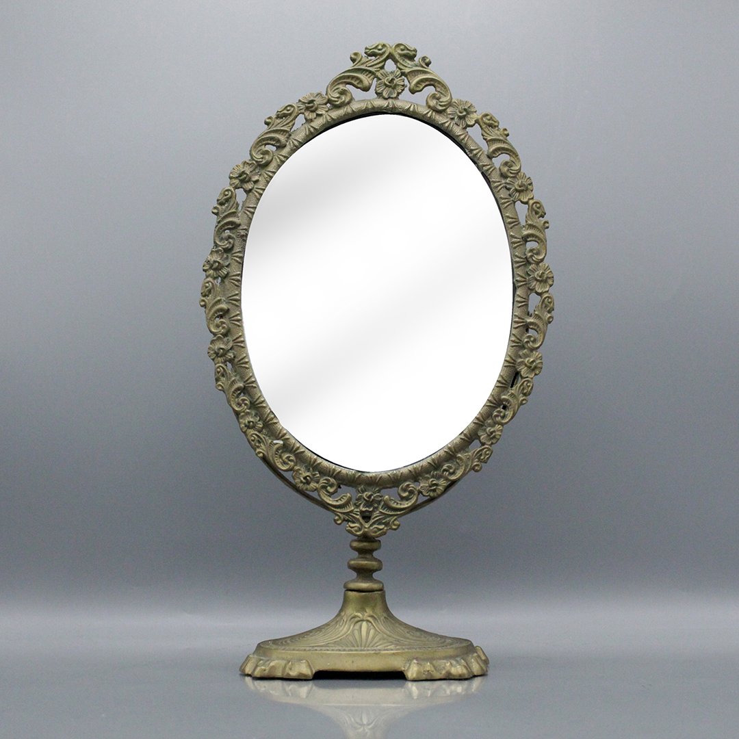 Ornate Cast Brass Dresser Top Swivel Make-Up Mirror: Ornate Cast Brass Dresser Top Swivel Make-Up Mirror. Size: 14.5 x 8 inches