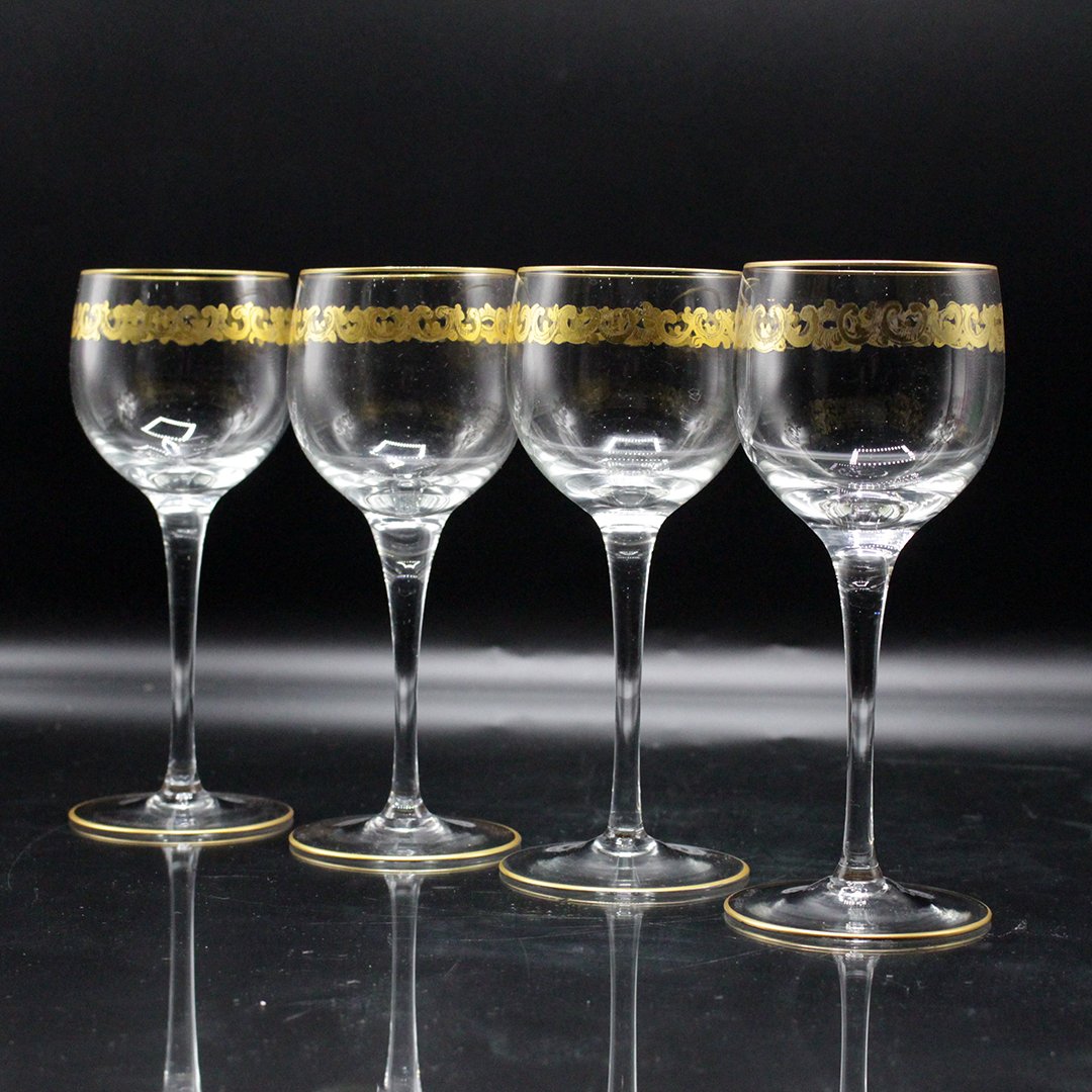 Paolo Ferro ,Four [4] Wine Glasses Gold Decorated Bands: Paolo Ferro ,Four [4] Wine Glasses Gold Decorated Bands. Signed on bases. Size: 7 1/4 x 3 inches