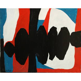 R Monti Large Abstract Painting Red White Blue: R Monti Large Abstract Painting Red White Blue. Signed R. Monti, Popular Philadelphia Area Artist. Oil on canvas painting. Size: 40 x 50 ,