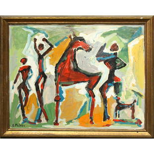 R Monti Dancing Figures w/ Horse Abstract Painting: R Monti Dancing Figures w/ Horse Abstract Oil Painting on board. Signed: R. Monti. Popular Philadelphia area artist. Size: 21.75 x 27.75 , outside of frame: 25 x 31