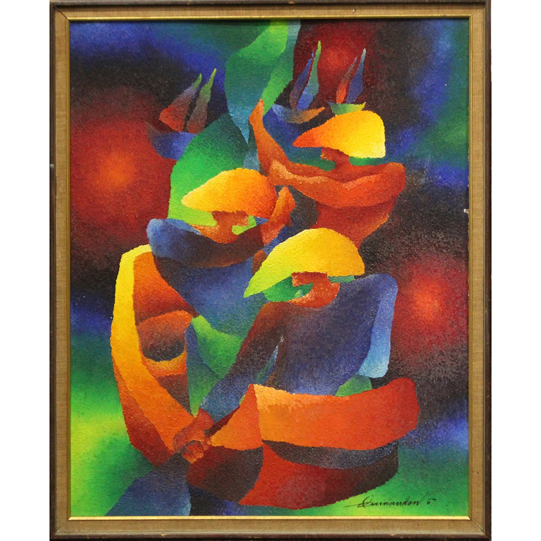 Multi-color Cubist Modern Oil Painting 1967 Signed: Multi-color Cubist Modern Art Painting 1967 Mid-century modern oil painting on board. Artist Signed. Multiple Figures. , Framed.Size: image 20 in. x 16 in.