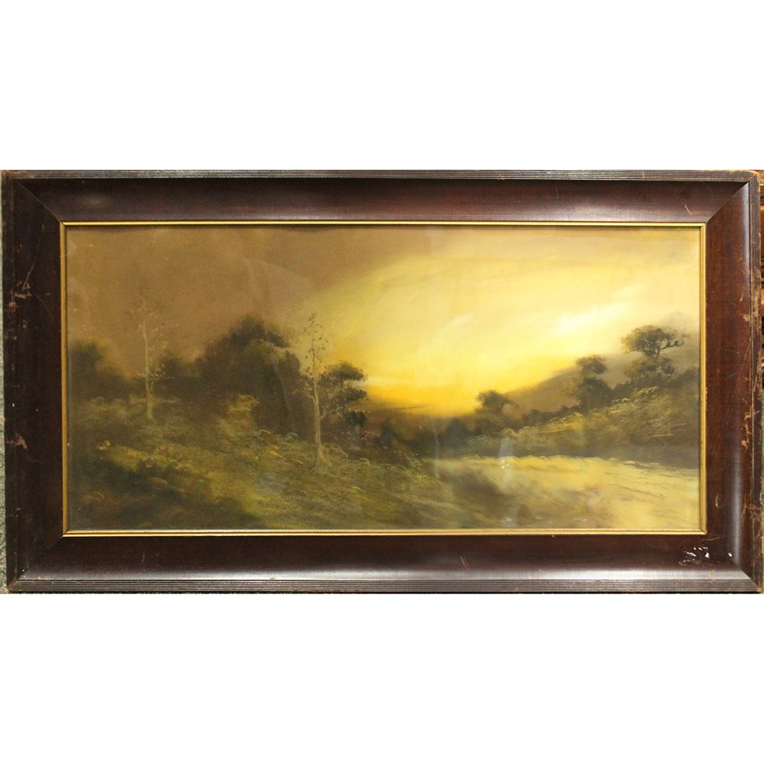 Antique Sunset Landscape Pastel Painting Circa 1910: Antique Sunset Landscape Pastel Painting Circa 1910. Original framing. Size: 32 x 16 , outside of frame: 22 x 37