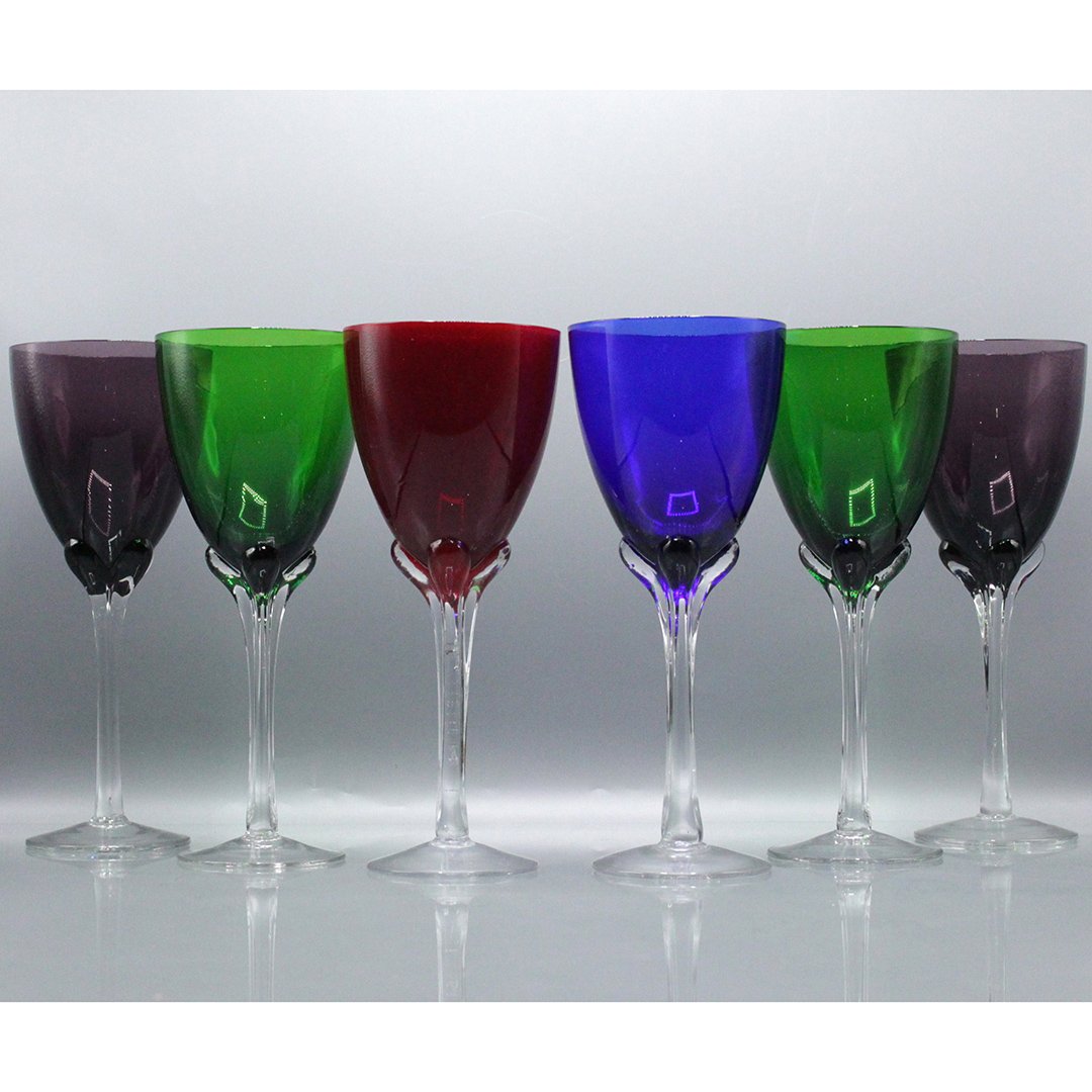 6x Multi Color Murano Wine Glasses: 6x Multi Color Murano Wine Glasses , green verdi, cobalt blue , purple / violet with clear stems. Size: 9.5 h