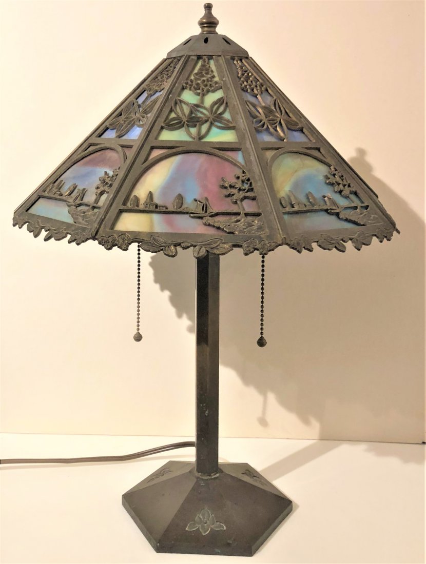 Signed B&H [Bradley & Hubbard] Overlay Slag Glass Lamp (1 of 10)