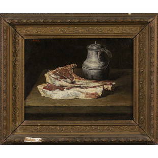 Theodule Ribot Still Life Steak and Mug: Theodule Ribot Still Life Steak and Mug , signed upp left, oil on canvas painting in frame Size: 10 5/8 x 14 3/8 , outside of frame 16 x 19