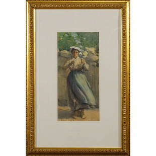 John Singer Sargent Watercolor Painting: John Singer Sargent Watercolor Painting , Woman on beach with whelk shell . signed lower left. Size: 15 x 7 inside of mat , 17.5 x 22 outside of frame. ASKart: John Singer Sargent (1856 - 1925) John S