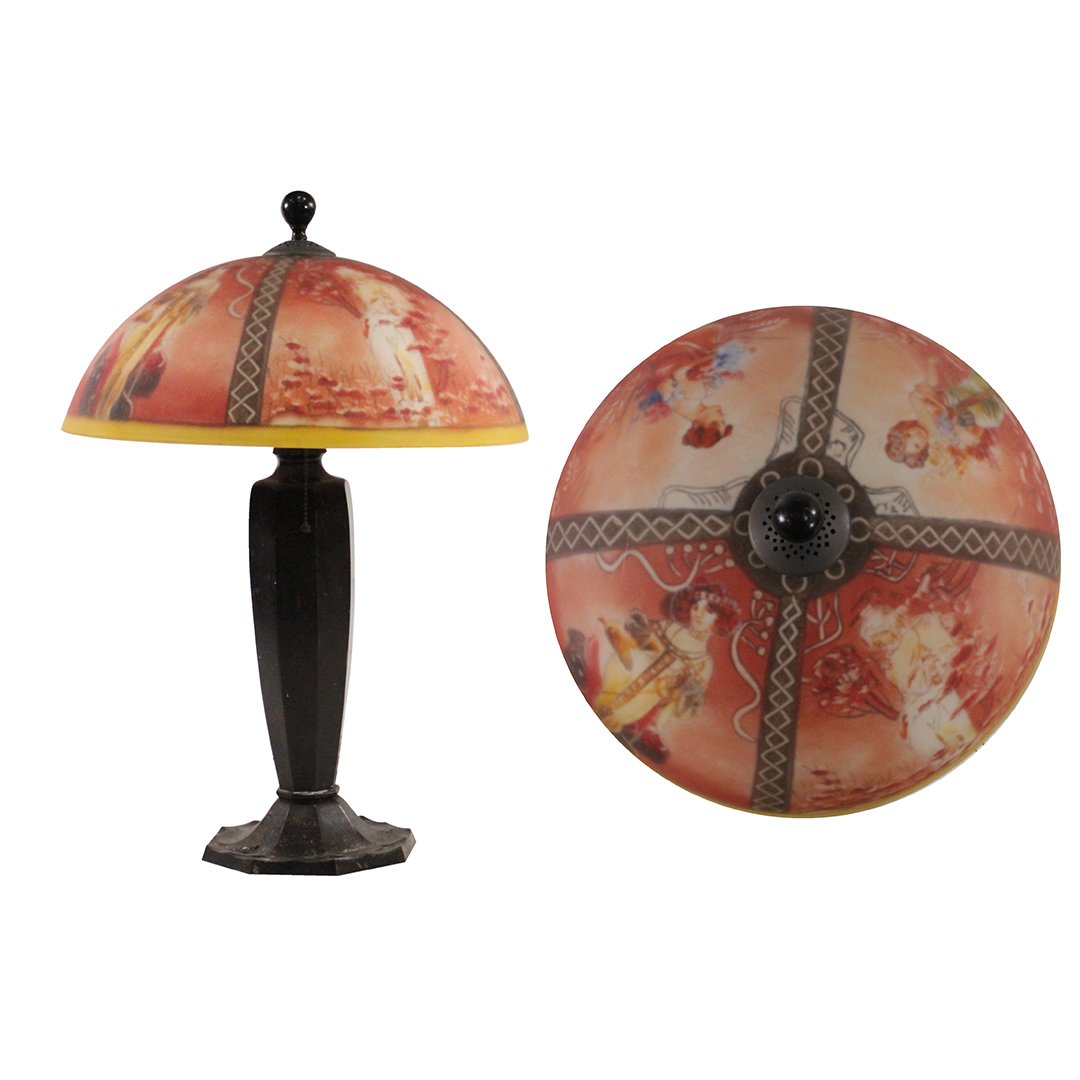 Reverse Painted Glass Shade Table Lamp Maiden Scene (1 of 9)