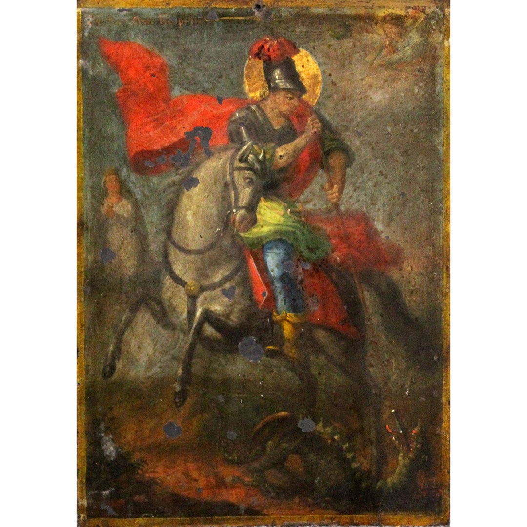 18th C. Oil on Copper Panel Warrior Fighting a Dragon (1 of 10)